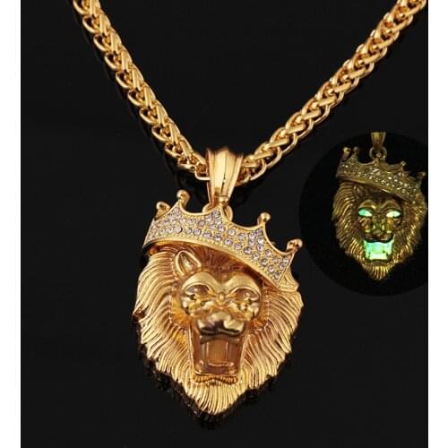 New Hip Hop Crown Lion Crystal Rhinestone Pendant Necklace Metal Luminous Animal Long Chain Necklaces Jewelry for Men