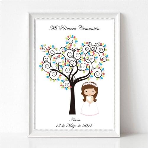 Personalized First Holy Communion Gift For Girl Boys Baptism Christening Fingerprint Tree Keepsake Canvas Art Print & Ink