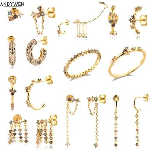 ANDYWEN 925 Sterling Silver Summer Sage Zircon CZ Stud Earring Drop Piercing Five Fox Ring Bracelet Chain Necklace Jewelry Set