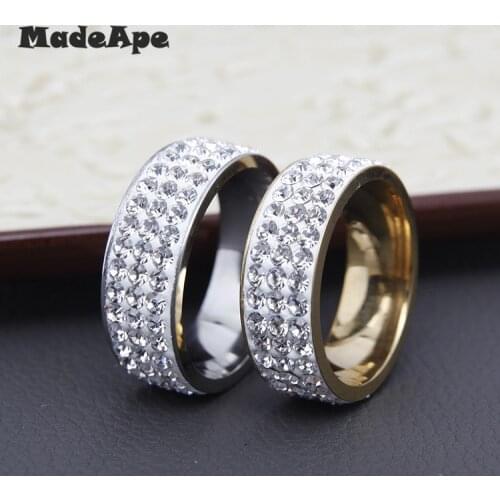 MadApe White CZ Stone Wedding Ring 316L Stainless Steel Couple Jewelry 3 Rows AAA Crystal Finger Ring Wedding Gift