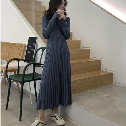 Sweater Women Pleated Dress Autumn Winter Long Dresses Women Long Sleeve Knitted Maxi Dress