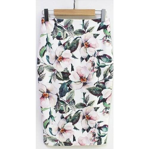Summer Women Vintage OL Pencil Skirts Plus Size Slim Fitted Green Elegant Floral Print Bodycon Work Wear Office Lady Midi Skirt