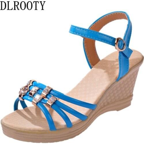 Women Sandals New Summer Fashion Crystal Hollow Gladiator Wedges Shoes Woman Slides Peep Toe Buckle Strap Solid Lady Casual