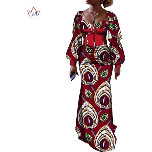 African Style Skirts Sets for Women 2 Pieces Sets Puff Sleeve Sexy Tops and High Wasit Skirt Bazin Riche Party Plus Size WY2488