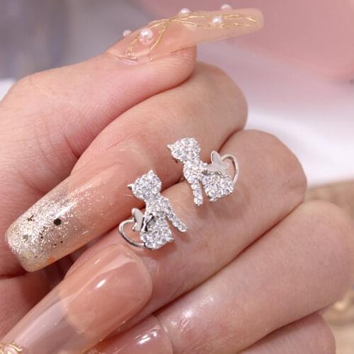 Ew Fashion Brand Delicate Jewelry 14K Real Gold Stud Earrings for Women AAA Zircon CZ Cute Cat Earrings