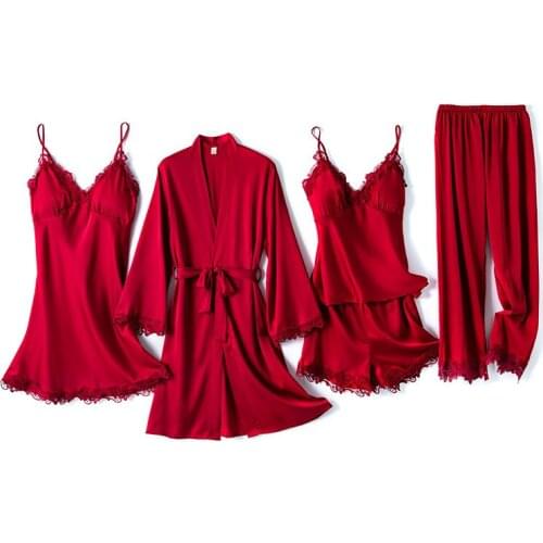 Bride Dressing Gown 5PCS Women Rayon Robe Sets Sexy Lace Floral Trim Kimono Bath 2021 Spring Pajamas Sleep Suit Casual Home Wear