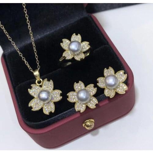 D529 Pearl Set Fine Jewelry 925 Sterling Silver Round 6-7mm Nature Fresh Water Gray Pearls Jewelry Sets for Women Presents