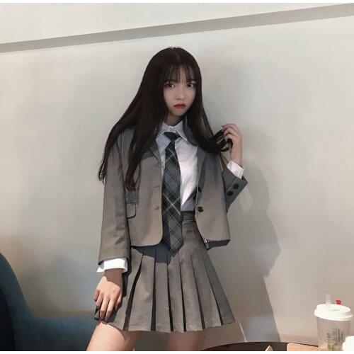 Girl Suit Korea Chic Retro College Style Tie Shirt Blazer + Pleated Skirt Women Suits