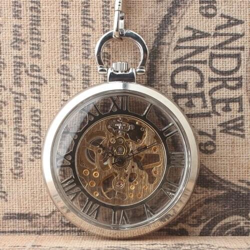 10pcs/lot Hot Sell Antique Silver Skeleton Mechanical Pocket Watch White Roman Dial No Cover Pocket Watches wholesale