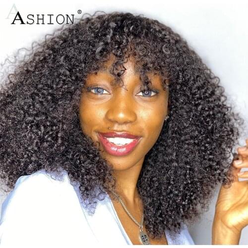 Afro Kinky Curly Bob Wig with Bagns Full Machine Made Glueless Mongolian Kinky Curly Human Hair Wigs for Black Women 200% Black