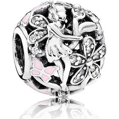 Authentic S925 Bead Charm Openwork Dazzling Daisy Fairy With Crystal Beads for Women Bracelet Jewelry