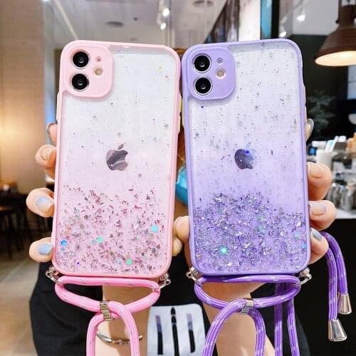 Glitter Lanyard Strap Cord Chain Phone case On For iPhone 12 11 Pro Max 12 Mini 8 7 6 6s Plus XS Xr X Xs Max SE 2020 Soft Cover