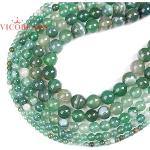Natural Stone Beads Green Striped Agates Round Strand Beads 4 6 8 10 12MM Chalcedony Diy Charms Beads For Jewelry Making