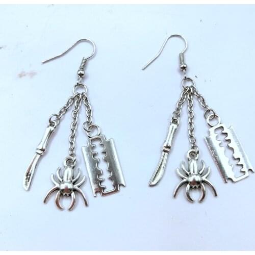 Long Chain Earrings: ( Razor Charm, Knife Charm, Spider Charm),Long Dangle Earrings for Women Girls,Halloween Party Favors