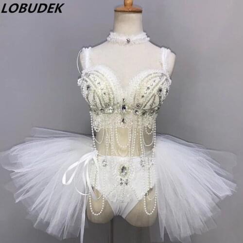 Women LED Costume White Pearls Rhinestones Bikini Bubble Skirt Set Sexy Bar Party Show Stage Outfit Nightclub DJ Singer Costumes