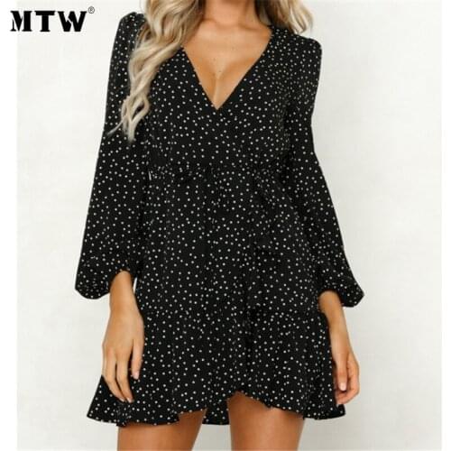 Women Autumn Ruffle Mini Dress 2020 Sexy V-Neck Long Lantern Sleeve Dress Elegant Polka Dot Print Party Dresses Vestidos