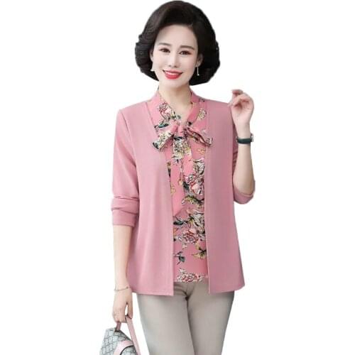 Fake Two Pieces Women New Top Bow Collar T-Shirt Middle-aged Mother Spring Autumn Plus Size Long Sleeve Pullover Ladies Tshirt