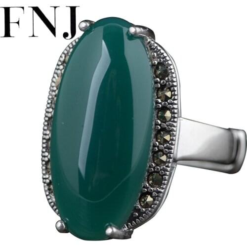 FNJ 925 Silver Ring MARCASITE Adjustable Size 100% Original S925 Solid Silver Rings for Women Jewelry Fine Natural Green Agate