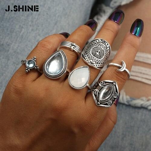 JShine 7pcs/Set Vintage Antique Silver Color Water Drop Big Opal Stone Knuckle Finger Midi Rings Set for Women Bohemian Jewelry