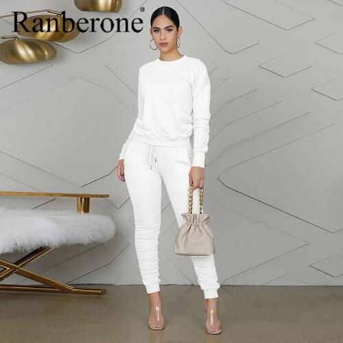 Ranberone Two Piece Set Solid Womens Tracksuit Long Sleeve Female Sweatshirt + Pockets Pleated Sweatpants Fitness Tracksuit