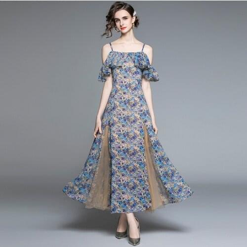 Menahem Sexy Off Shoulder Spaghetti Strap Ruffles Beach Dress 2021 Summer Women Patchwork Mesh Flower Print Elegant Maxi Dress