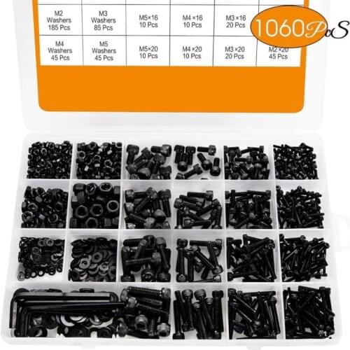 1060pcs M2 M3 M5 M4 Hex Socket Screw Set Carbon Steel Flat Round Cap Head Screws Bolts and Nuts Assortment Kit with Storage Box