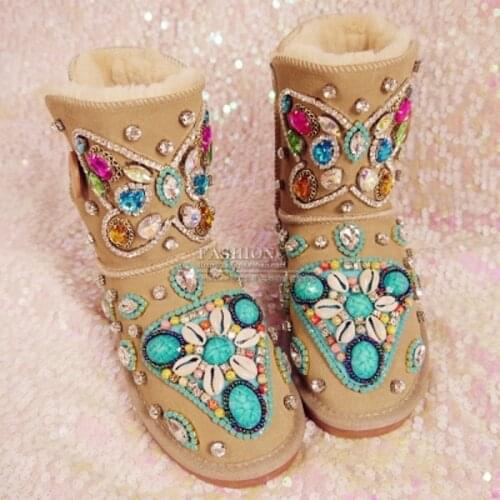 2020 new winter ethnic style handmade diamond heavy industry mid-tube cowhide womens boots with fur integrated warm snow boots