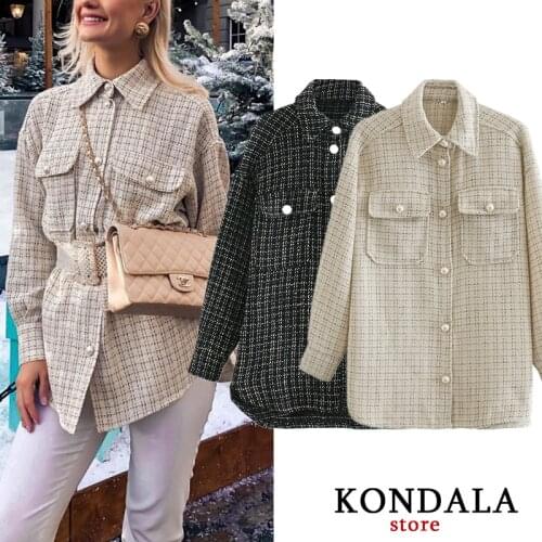Women Jacket Za Plaid Print Office Lady Jacket Beige Long Sleeve Button Cotton Autumn Blazer Female Black Casual Mujer Tops