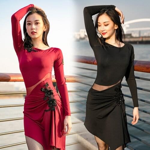 Latin Dance Dress Modern Dance Practice Clothes Women Adult 2021 New Performance Mesh Hollow Irregular Skirt Salsa Dress BL2867