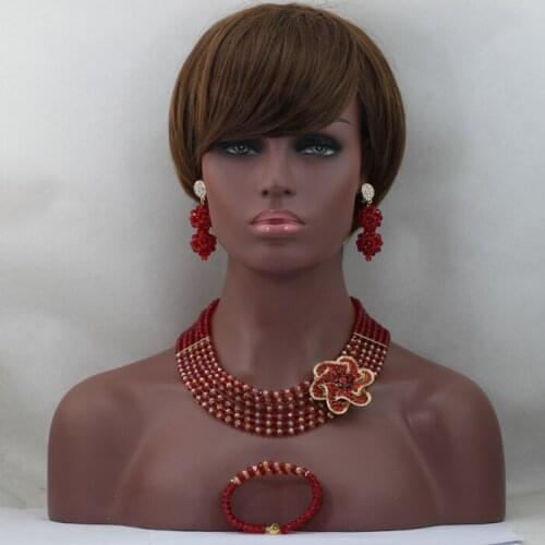 Popular Red African Wedding Crystal Beads Jewelry Set Gold Champagne Indian Statement Wedding Necklace Set Free Shipping QW108