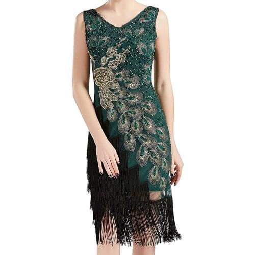 Plus Size 1920s Retro Vintage Gatsby Sequins Beaded Long Peacock Fringe Art Deco Roaring 20s Flapper Party Dress for Women