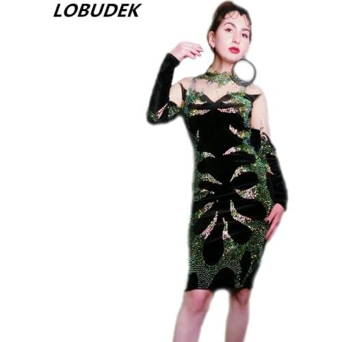 Multi-color Rhinestones Mesh Velvet Dress Sexy Lady Prom Evening Party Show Crystals Skinny Dress Nightclub Singer Host Costume