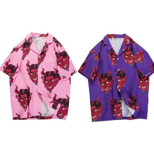 Male Vintage Devil Print Shirt Summer Fashion Single Breasted Short Sleeve Cotton Anime Pattern Loose Overshirt Casual Beach Top