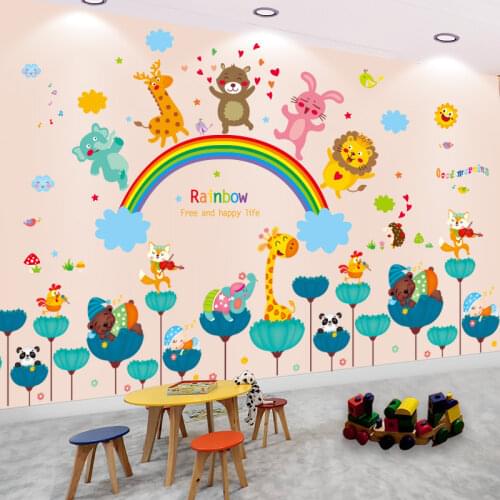 [shijuekongjian] Animals Wall Stickers DIY Cartoon Rainbow Clouds Mural Decals for Kids Rooms Baby Bedroom House Decoration