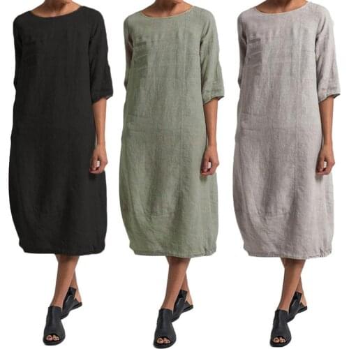 Vintage Summer Dresses Women Solid Color O Neck Half Sleeve Linen Soft Loose Midi Dress Casual Ladies Vestidos for Home Wear
