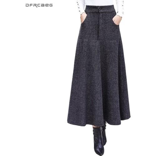 Vintage Striped Woolen Skirts Women Winter 2018 Fashion High Waist Office Wool Warm Pleated Long Skirt Casual Ladies Saia Longa