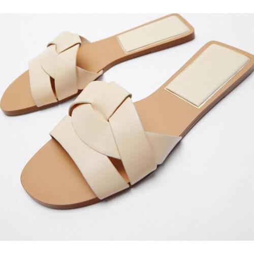 ZAR Brand Slippers Women Summer Luxury 2021 New Fashion Round Toe Cross Flat-Heeled Beach Sandals Plus Size 41 Chaussure Femme
