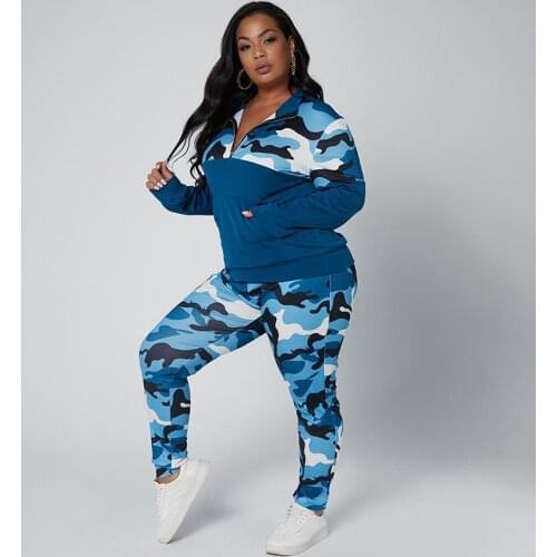 L-5XL Plus-size Camouflage Print Women Set Casual Sports Two Piece Suit for Woman Spring and Autumn Outfit Drop Shipping