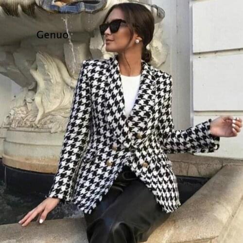 Fashion Women Plaid Houndstooth Printed Long Sleeve Winter Turn Down Collar Buttons Ol Ladies Warm Slim Coat Overcoat Outwear