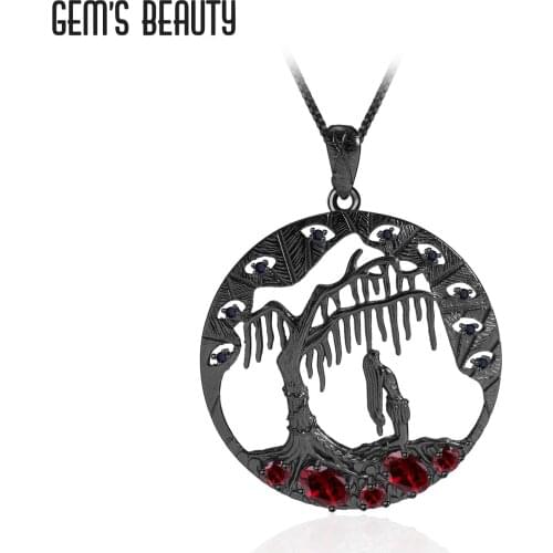 GEMS BEAUTY 925 Sterling Silver Round Handmade Necklace For Women Natural Oval Cut Garnet Pendant Couple Romantic Gift