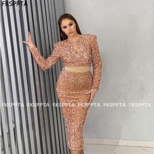 Long Sleeves Gold Prom Dresses Sheath Tea Length Shiny Formal Dress For Women 2021 Plus Size Prom Gowns Robe De Soiree