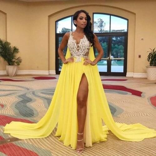 SoDigne Vintage Dubai Prom Dresses 2020 Sexy V Neck Backless Side Split Chiffon Lace Beads Evening Gown Gala Dress