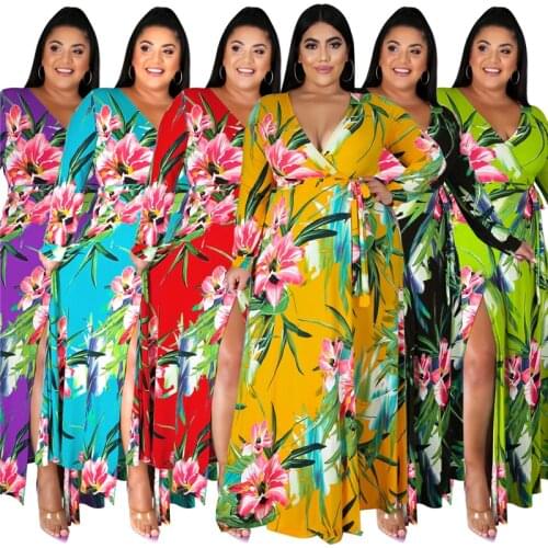 Long Sleeves V Neck Fall Maxi Dresses for Women High Waist Floral Elegant Split Vintage Plus Size Dress Wholesale Dropshipping