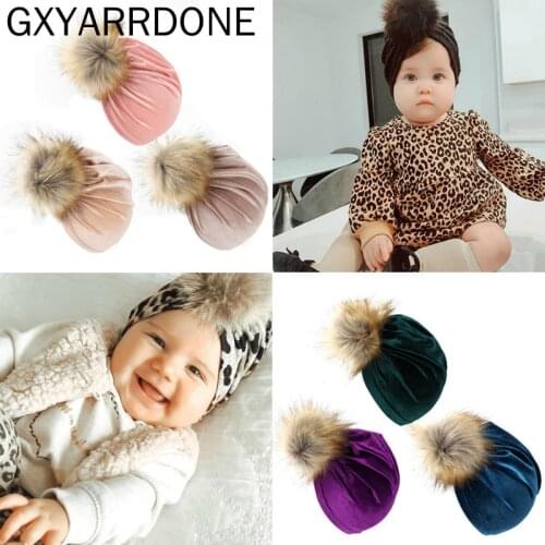 2020 Solid Velvet Raccoon Pompom Baby Beanies 3M-5T Leopard Print Newborn Topknot Hat Fashion New Autumn Winter Headwear