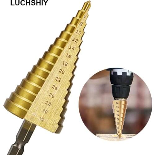3pcs Step Core Drill Bits HSS Straight Groove 4-12/20/32mm Hexagon Shank Step Drill Bit Hole Opener Woodworking Punching Tools