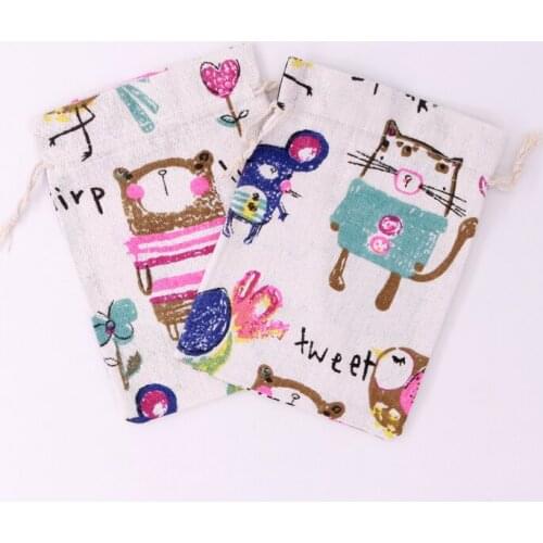 5pcs/lot Lovely Animal Print Linen Cotton Bags 13x18cm Gifts Candy Jewelry Packaging Drawable Pouches for Festival Party Storage