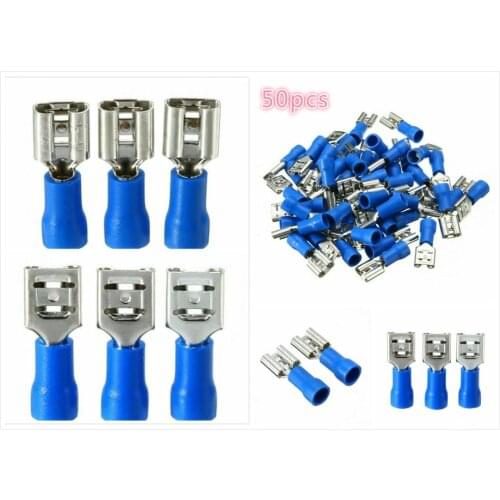50pcs 1.5-2.5mm Blue Female Spade Blade Wire Connectors Insulated Crimp Terminal FDFD2-250