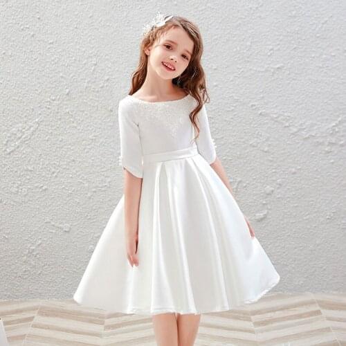 Satin Flower Girl Dresses Half Sleeves Girl Wedding Party Dress First Communion Dress Lace Appliques O-neck