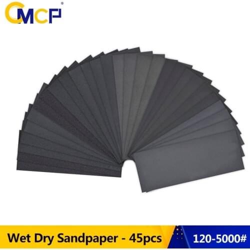CMCP 45pcs Wet Dry Sandpaper Grit 120-5000 Sandpaper Sheets Assortment For Wood Metal Polishing 9"x3.6" Abrasive Paper