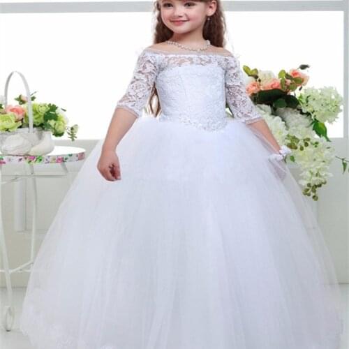 Flower Girl Dresses Lace Applique One Word Collar For Weddings Tulle Princess Half Sleeve First Communion Party Dresses